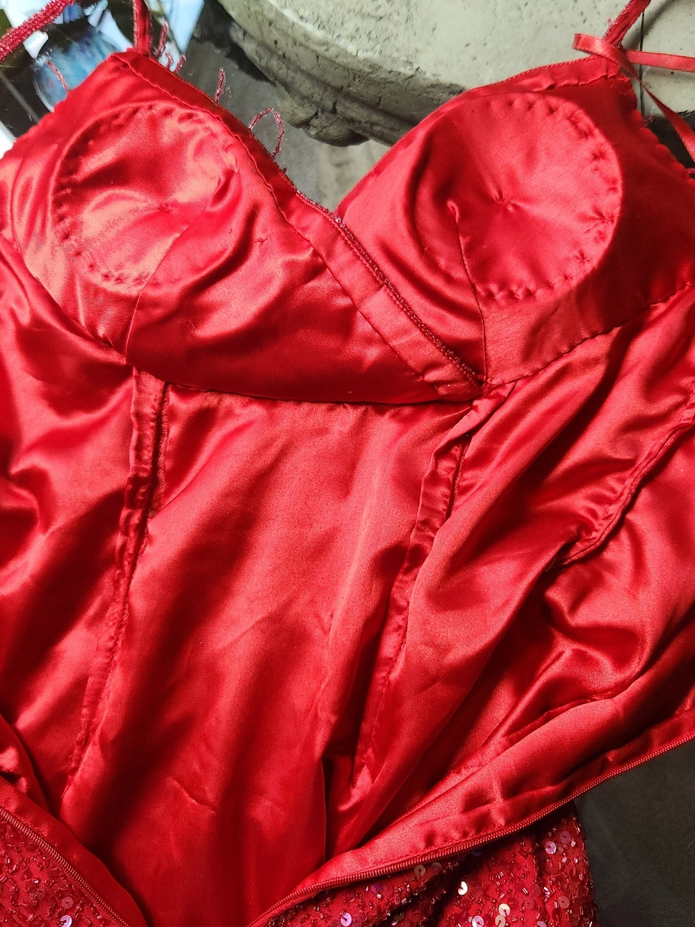 Vintage 1990s Scala Red Silk Beaded Sequin Fringe Maxi Gown Made in India M - Picture 7 of 15